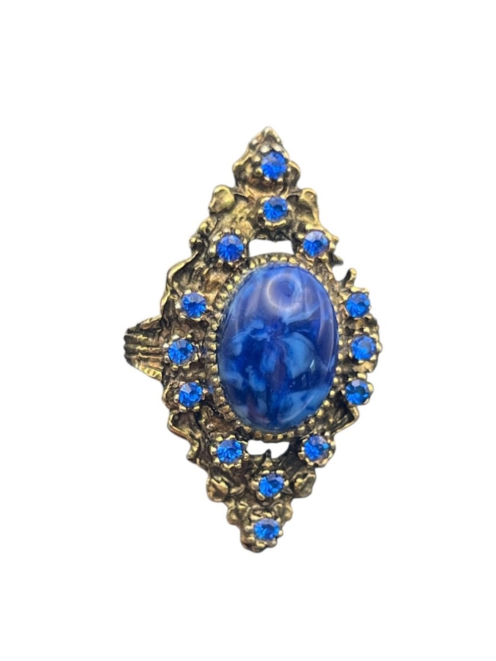 Blue cabochon rhinestone gold tone long navette cocktail adjustable ring 7.75